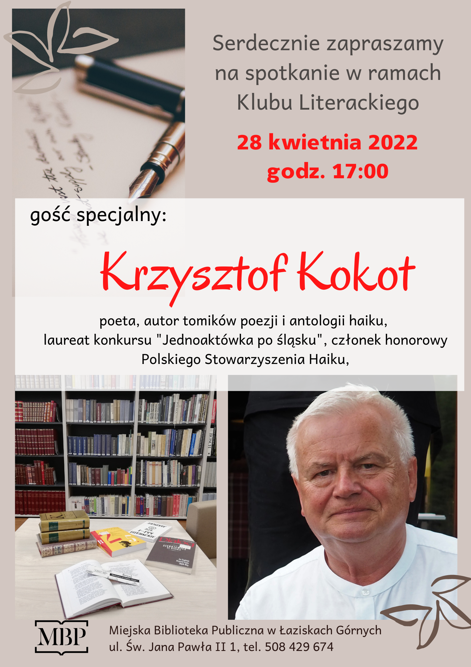 Plakat - Klub Literacki 28.04.2022, gość specjalny Krzysztof Kokot