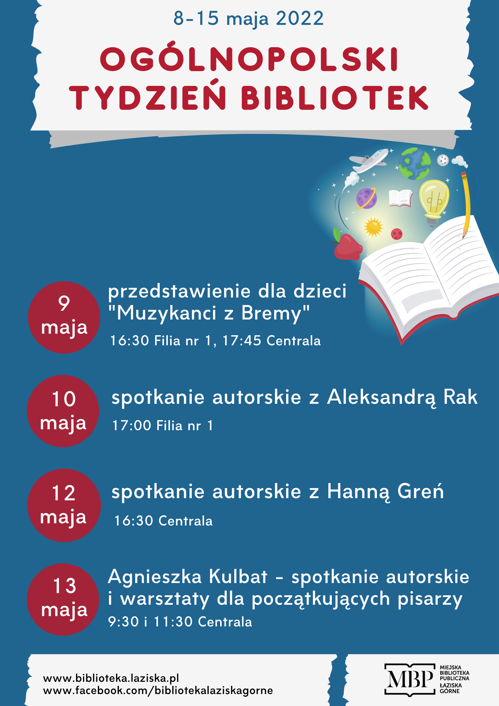 Plakat informujący o wydarzeniach w Tygodniu Bibliotek 2022