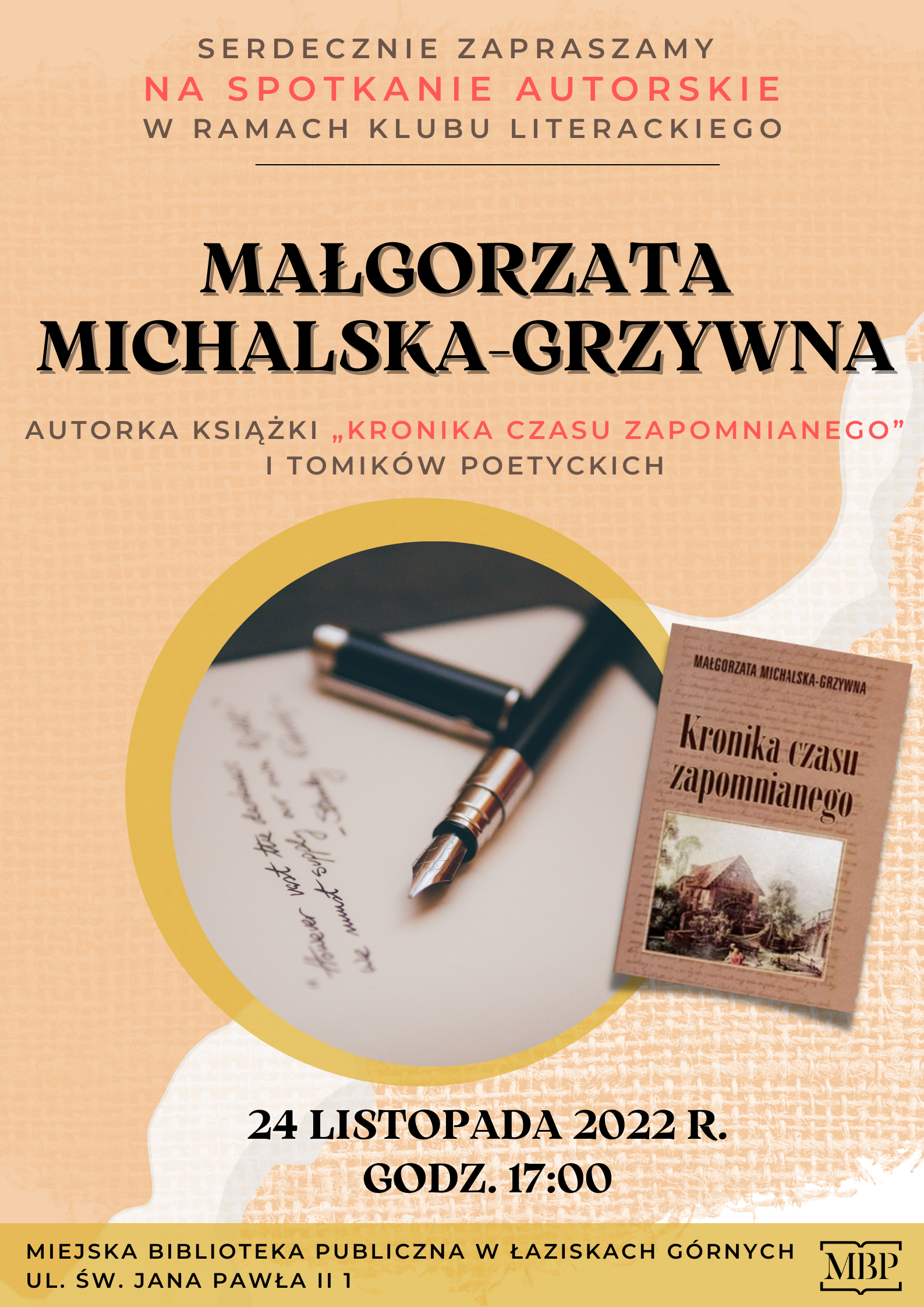 Plakat spotkania autorskiego z Małgorzatą Michalską-Grzywna