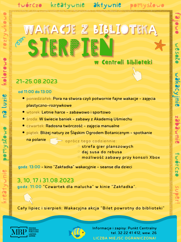 Plakat Wakacje z Biblioteką - Sierpień w Centrali Biblioteki