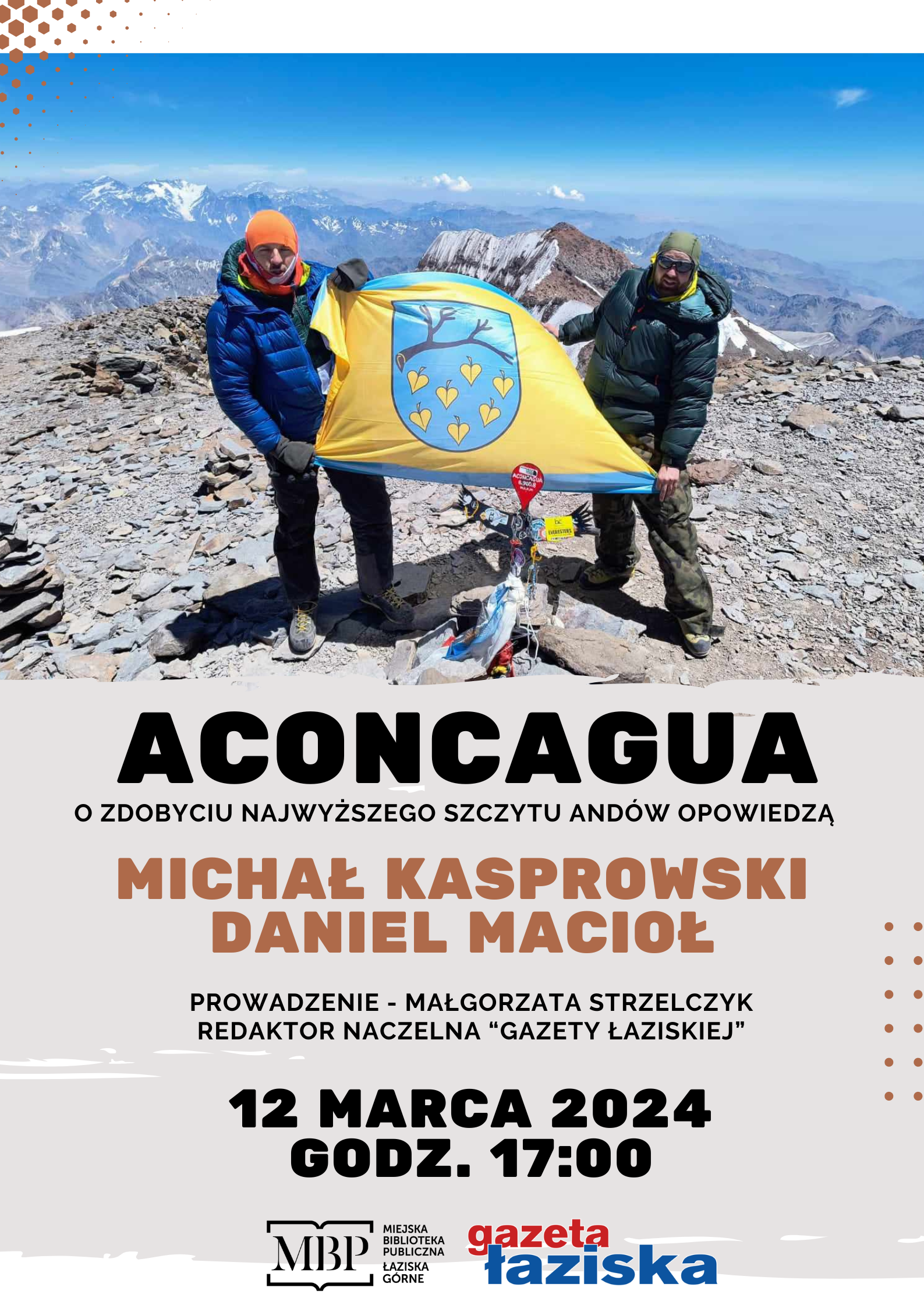 Plakat spotkania Aconcagua. Dwie osoby na szczycie góry trzymający flagę