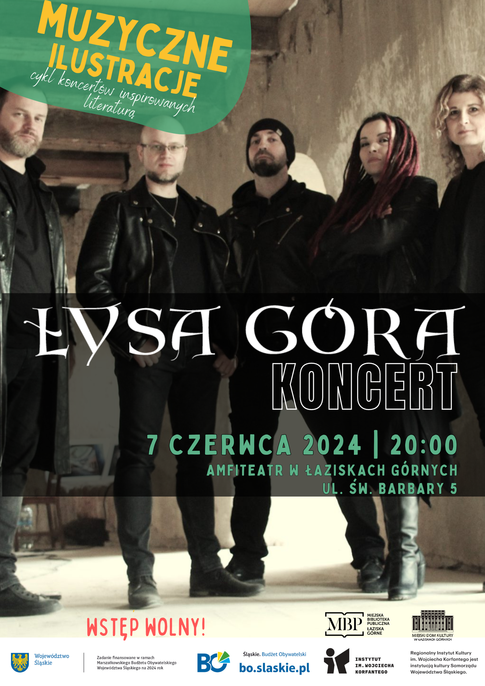 Plakat koncertu zespołu Łysa Góra. W tle zdjęcie zespołu