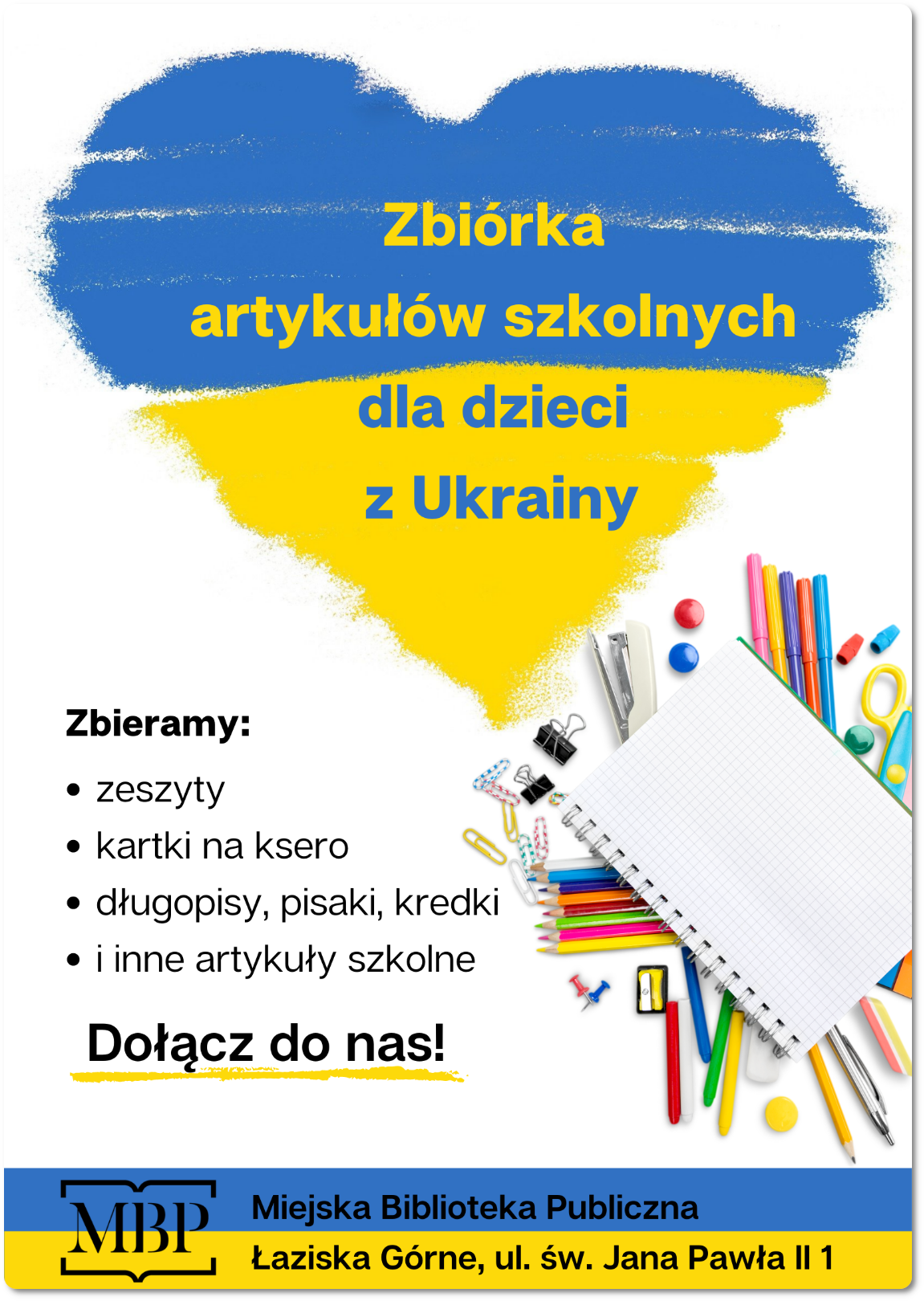 Plakat - Zbiórka artykułów szkolnych dla dzieci z Ukrainy
