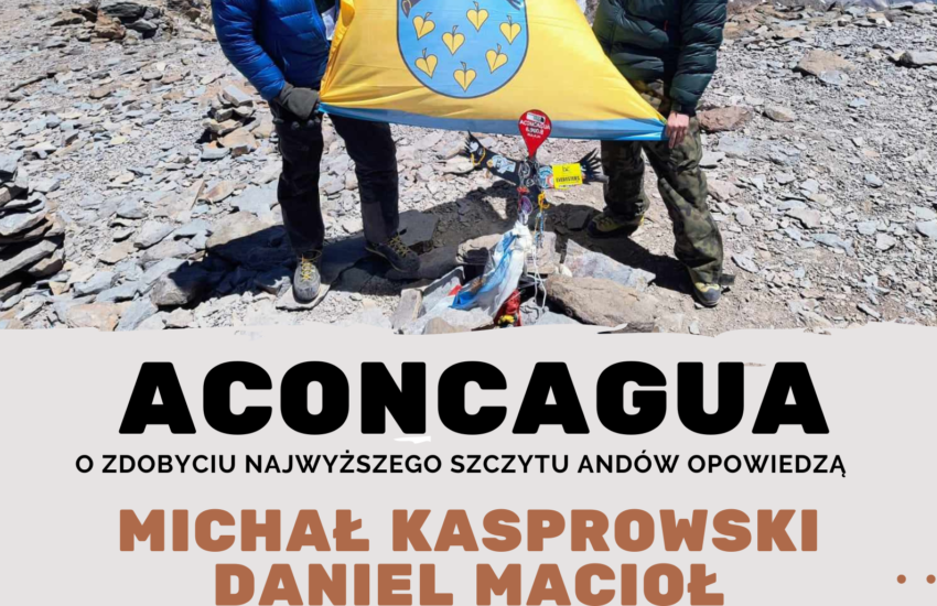 Plakat spotkania Aconcagua. Dwie osoby na szczycie góry trzymający flagę