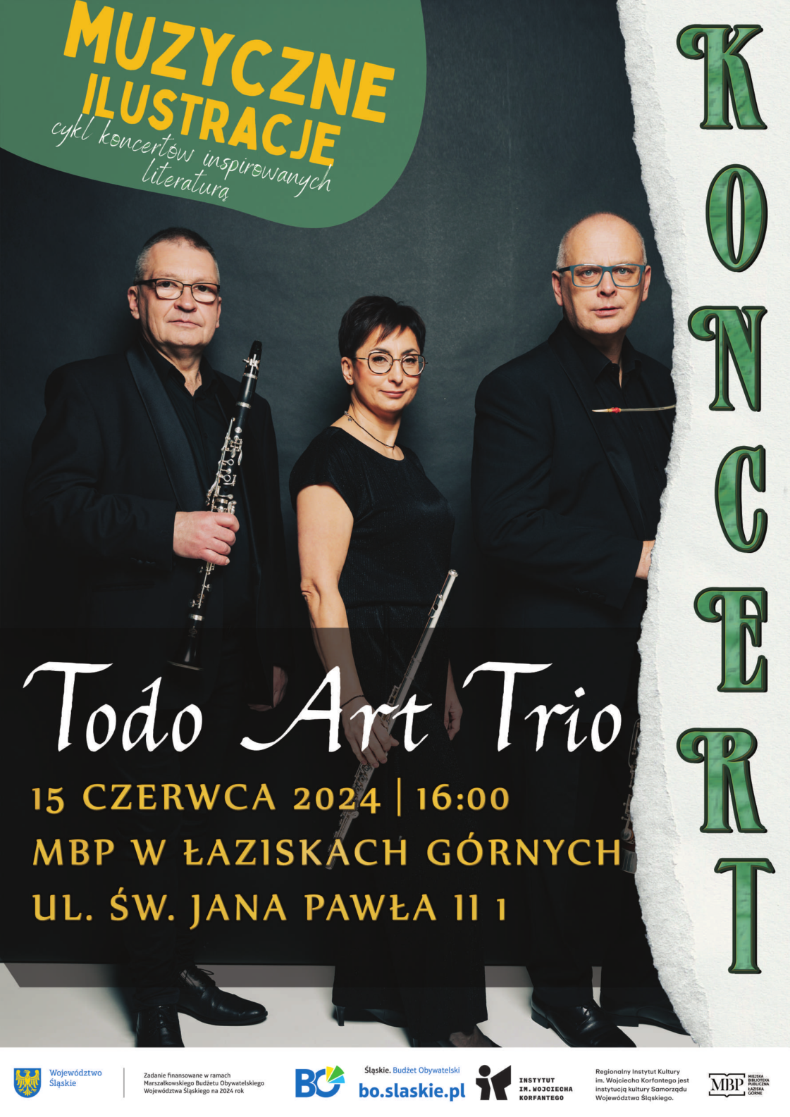 Plakat koncertu zespołu Todo Art Trio. W tle zdjęcie zespołu