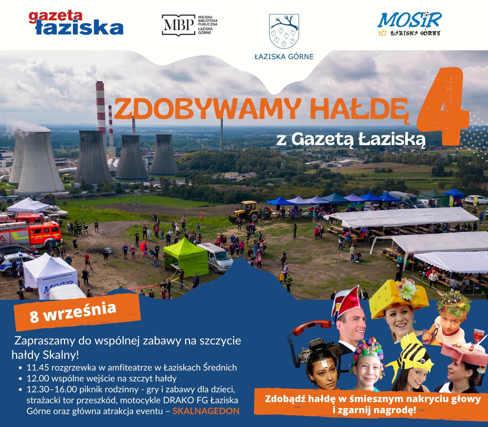 Informacja o wydarzeniu Zdobywamy Hałdę z Gazetą Łaziską. W tle zdjęcie hałdy i okolic z lotu ptaka.