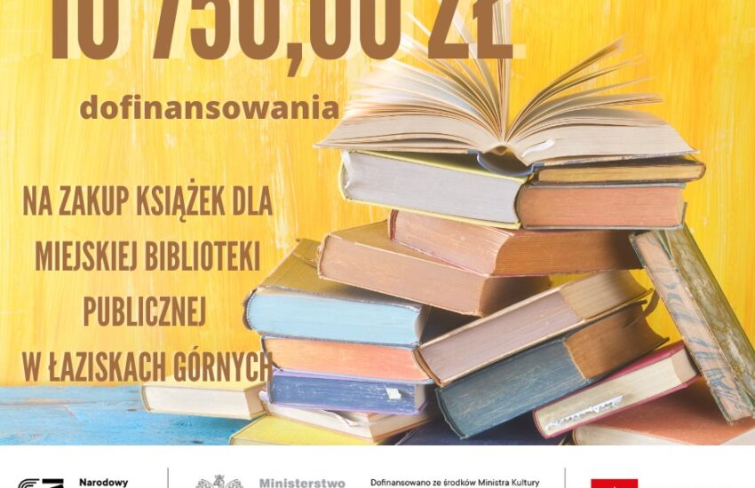 Informacja o dofinansowaniu do zakupu nowości. Stos książek na żółtym tle.