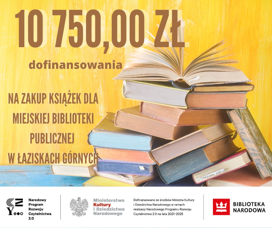 Informacja o dofinansowaniu do zakupu nowości. Stos książek na żółtym tle.