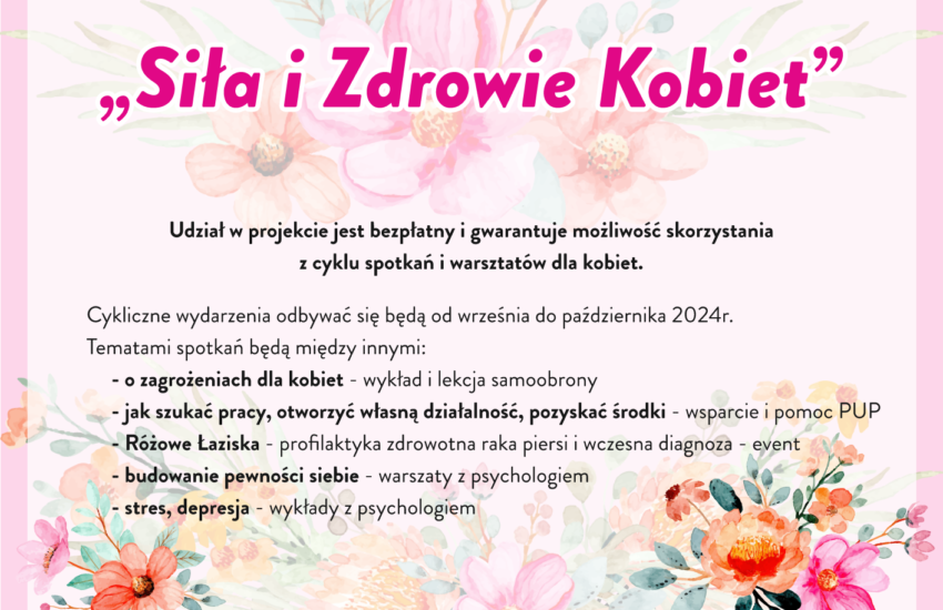 Ł-ONE & Miejska Biblioteka Publiczna ogłaszają nabór do projektu "Siła i Zdrowie Kobiet" Udział w projekcie jest bezpłatny i gwarantuje możliwość skorzystania z cyklu spotkań i warsztatów dla kobiet. Cykliczne wydarzenia odbywać się będą od 09-11.2024. Tematami spotkań będą między innymi: - o zagrożeniach dla kobiet - wykład i lekcja samoobrony - jak szukać pracy, otworzyć własną działalność, pozyskać środki - wsparcie i pomoc PUP - Różowe Łaziska - profilaktyka zdrowotna raka piersi i wczesna diagnoza - event - budowanie pewności siebie - warsztaty z psychologiem - stres, depresja - wykłady i warsztaty z psychologiem. Obowiązują wcześniejsze zapisy. Dofinansowano ze środków programu "Działaj Lokalnie" Polsko-Amerykańskiej Fundacji Wolności realizowanego przez Akademię Rozwoju Filantropii w Polsce. Patronat wydarzenia - miasto Łaziska Górne.