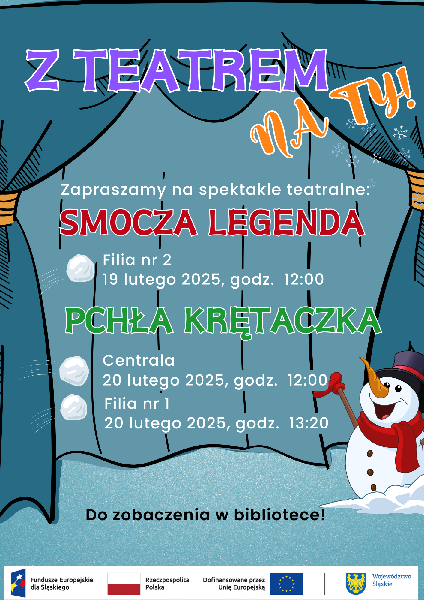 Plakat - przedstawienia dla dzieci. Scena z niebieską kurtyną, śnieg i bałwanek