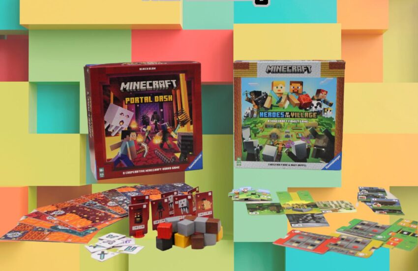 Plakat Grajmy w planszówki - Minecraft. Pod napisem zdjęcia gier planszowych, w tle kolorowe kostkli