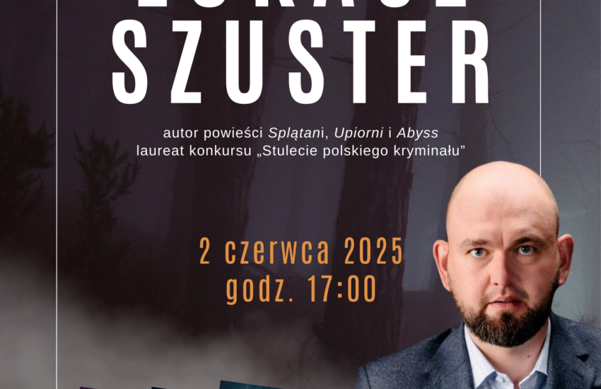Plakat spotkania z autorskiego. W tle mroczny las. Z przodu postać autora i okładki trzech jego książek