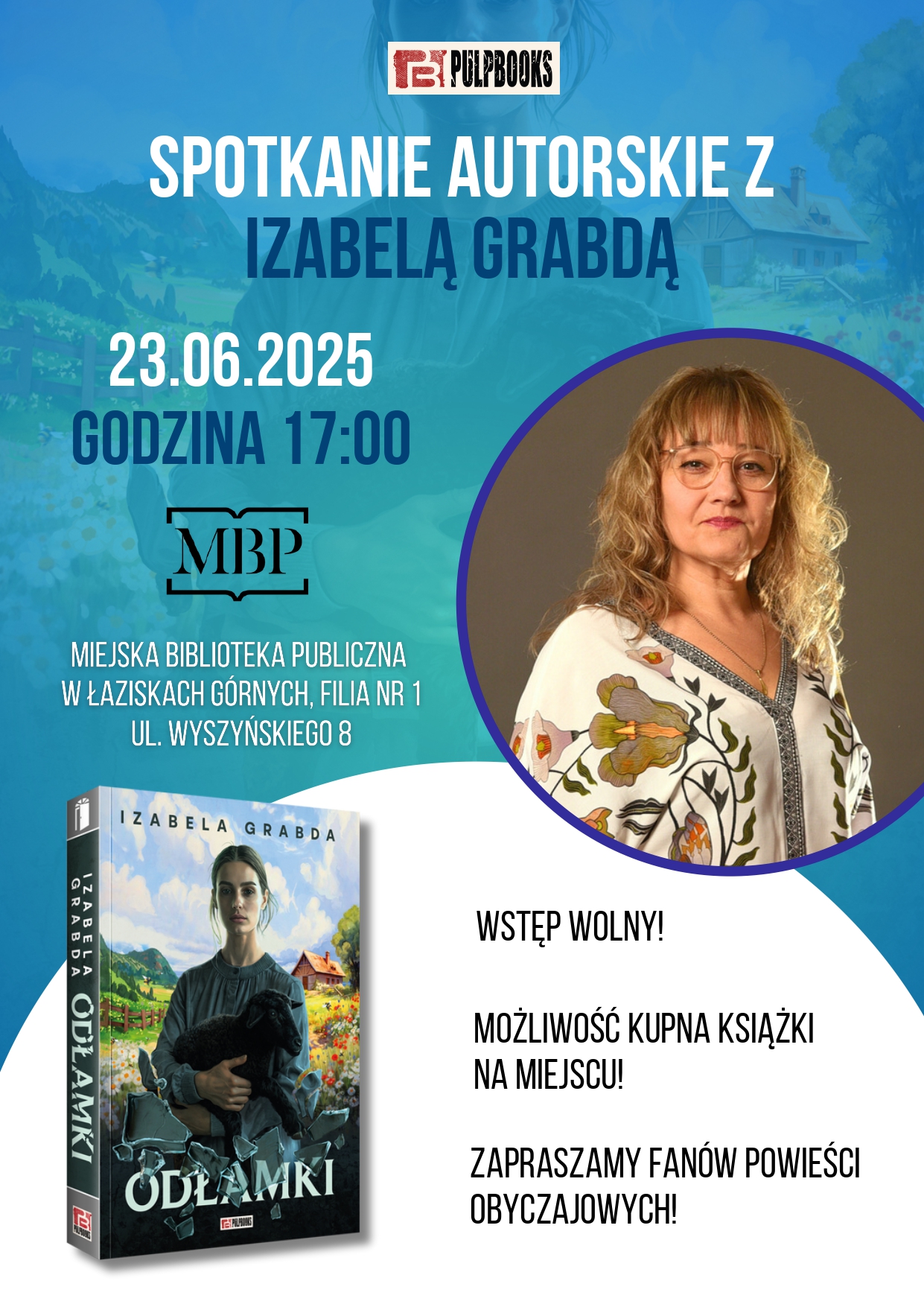Plakat spotkania z Izabelą Grabdą. Po prawej stronie zdjęcie autorki, w lewy dolnym rogu okładka książki.