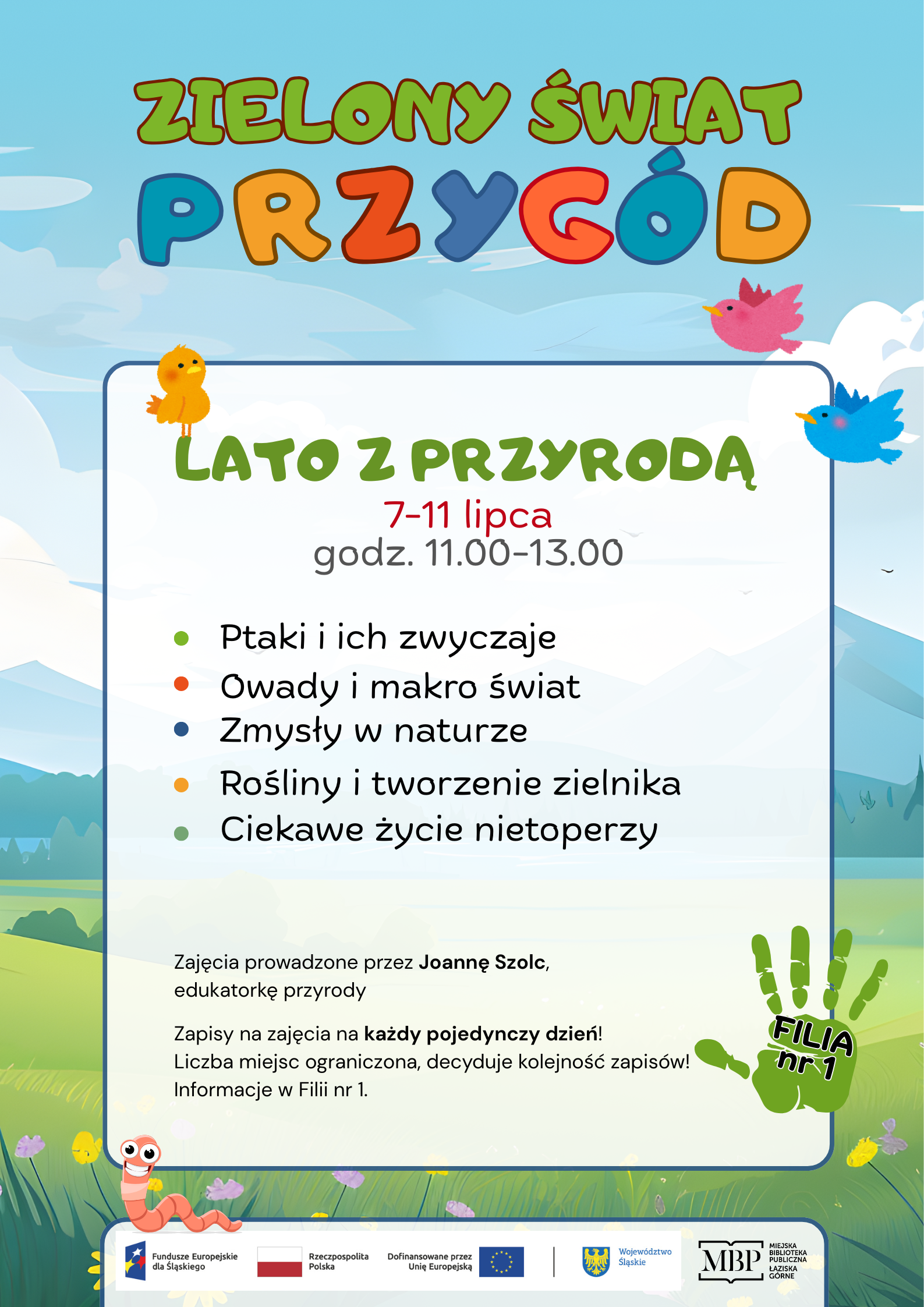 Plakat Zielony świat przygód. W tle rysunkowy górski widoczek