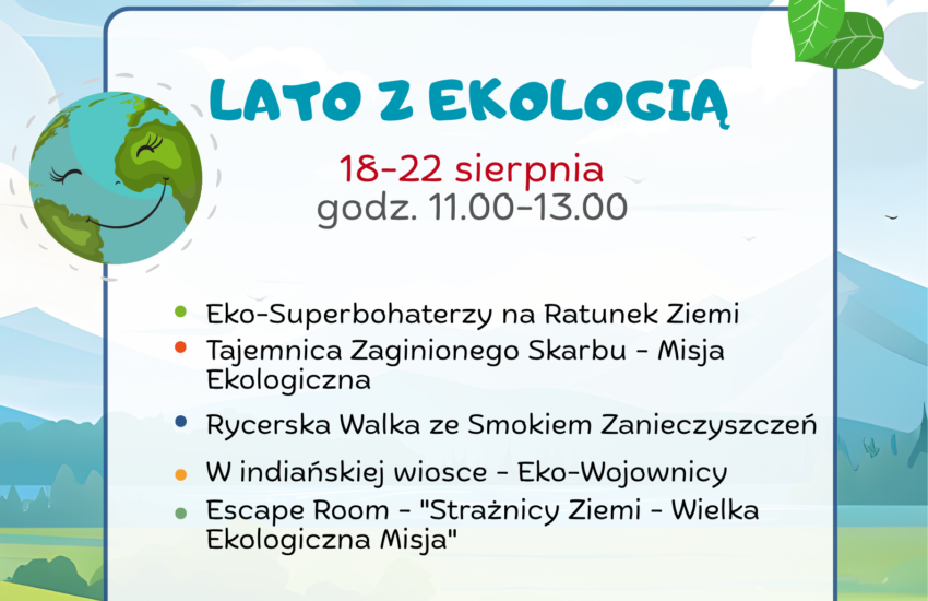 Plakat Zielony świat przygód. W tle rysunkowy górski widoczek