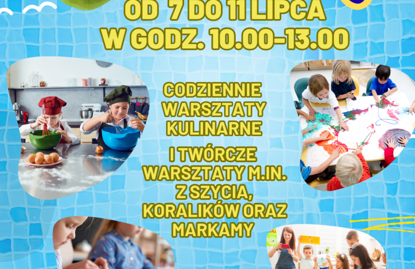 Plakat Wakacje w Bibliotece. Cztery zdjęcia z bawiącymi się dziećmi. Niebieskie tło.
