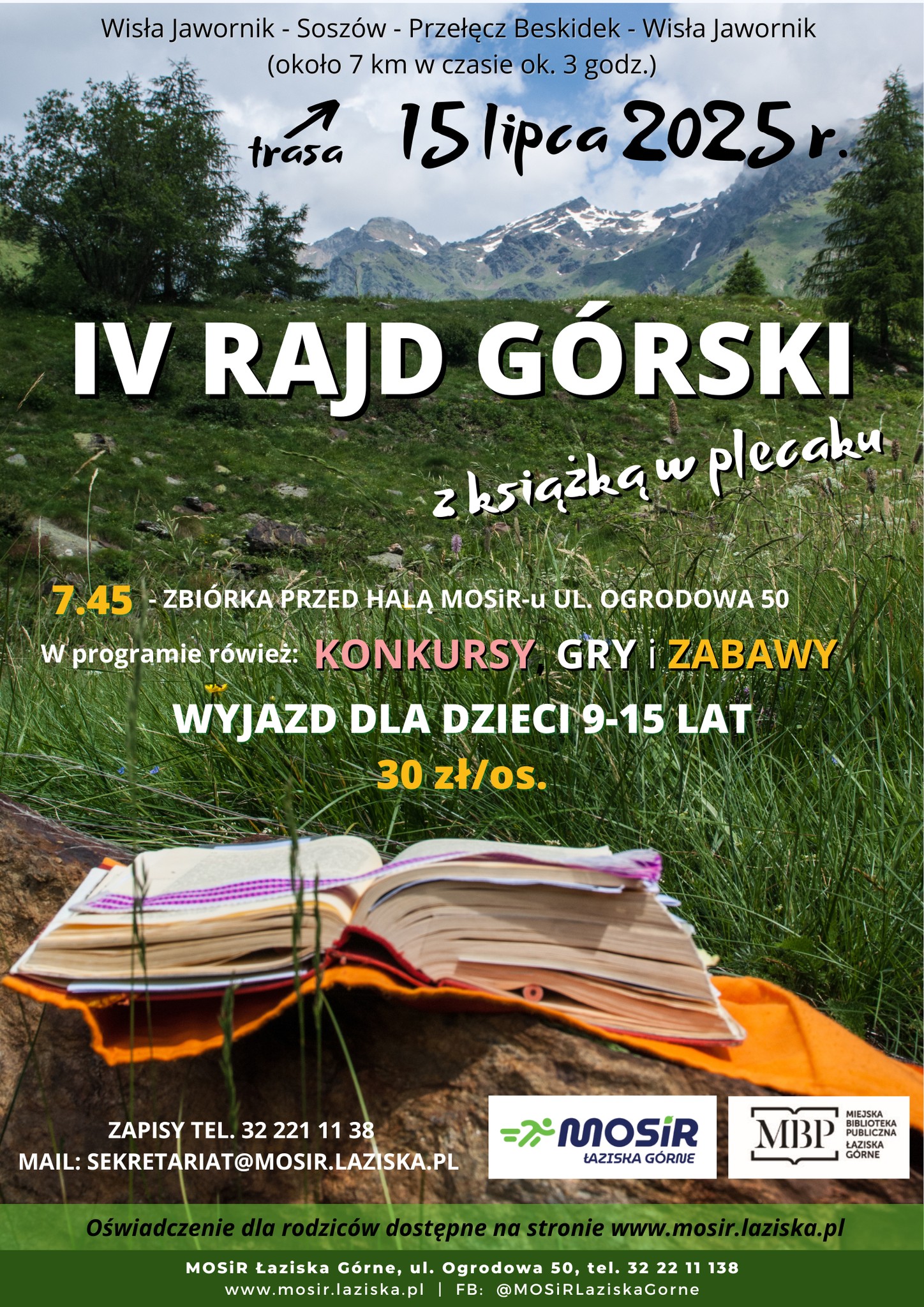 Plakat IV rajd górski. W tle góry, zielona łąka, z przodu leży otwarta książka.