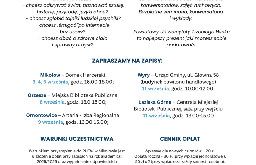 Informacja o zapisach do Powiatowego Uniwersytetu Trzeciego Wieku w Mikołowie