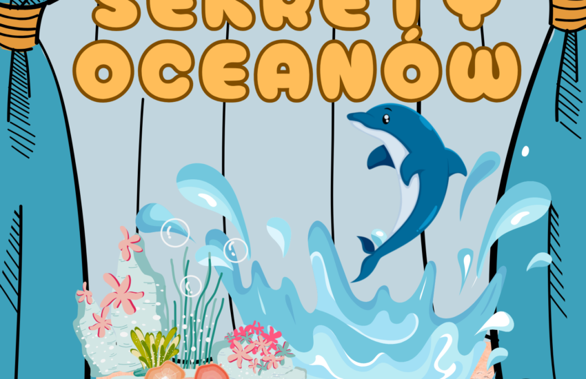 Plakat - przedstawienia dla dzieci. Scena z niebieską kurtyną, na środku delfin wyskakujący z wody