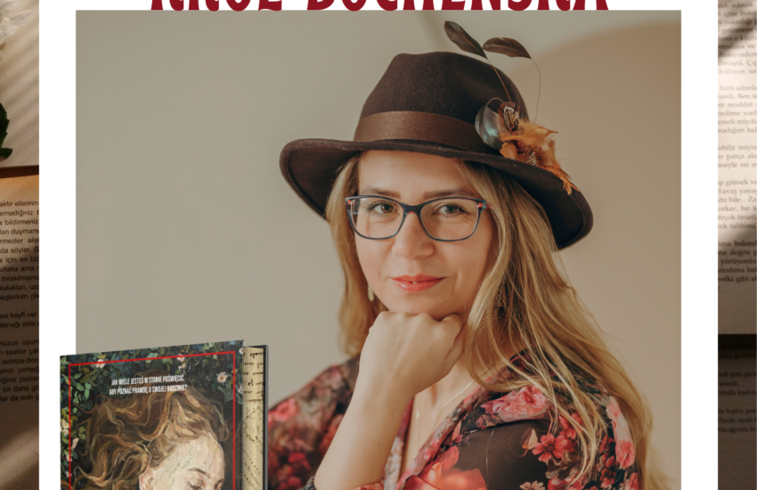 Plakat na spotkanie autorskie. Zdjęcie autorki, z przodu okładka książki