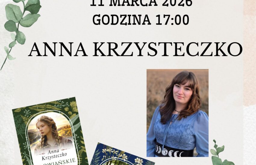 Plakat na spotkanie autorskie. W dolnej części zdjęcie autorki i okładki dwóch książek