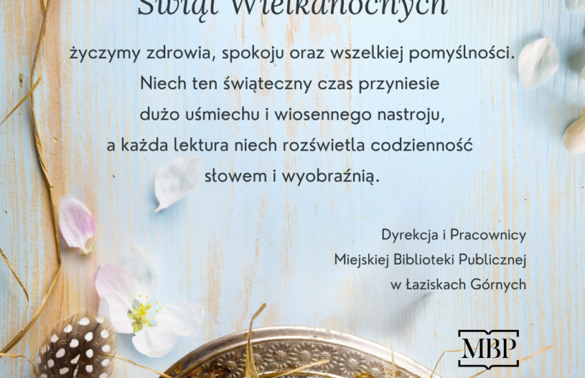 Życzenia wielkanocne. Na dole obrazka koszyk z pisankami.