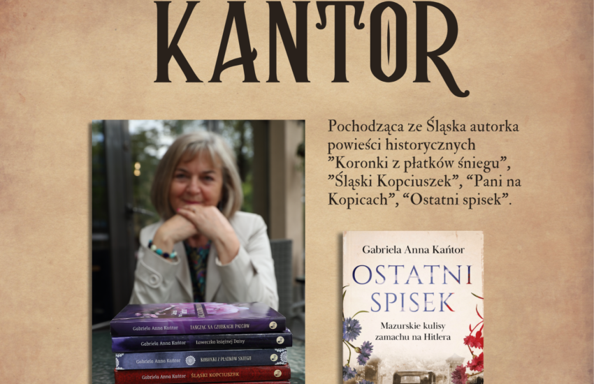 Plakat spotkania autorskiego. w tle stary, pożółkły papier, w rogach ozdobne zawijasy. Z lewej strony zdjęcie autorki, przed nią leży stos książek. Z prawej strony okładka książki. Nad zdjęciami ozdobny napis.