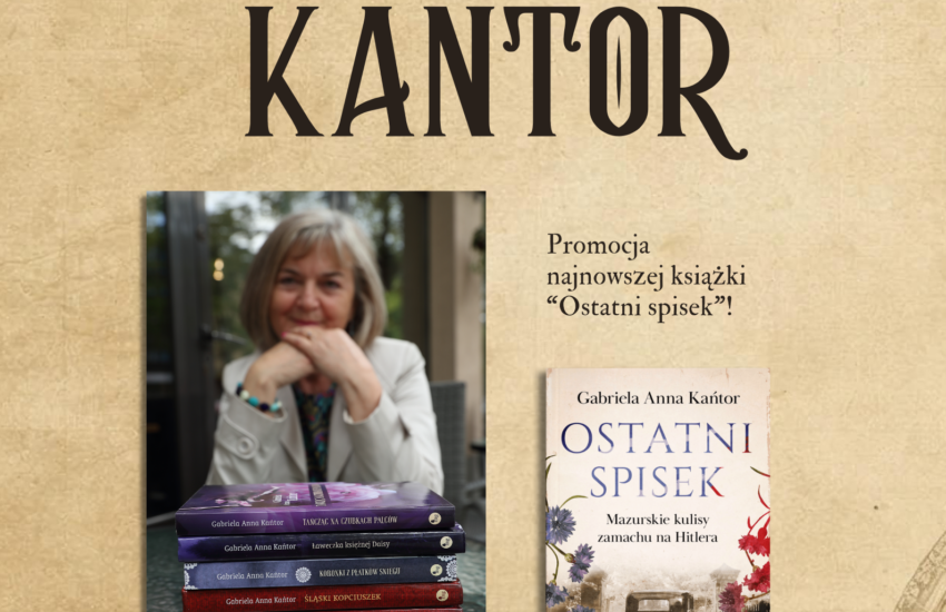 Plakat spotkania autorskiego. W tle stary, pożółkły papier, w rogach ozdobne ornamenty. Z lewej strony zdjęcie autorki, przed nią leży stos książek. Z prawej strony okładka książki. Nad zdjęciami ozdobny napis.