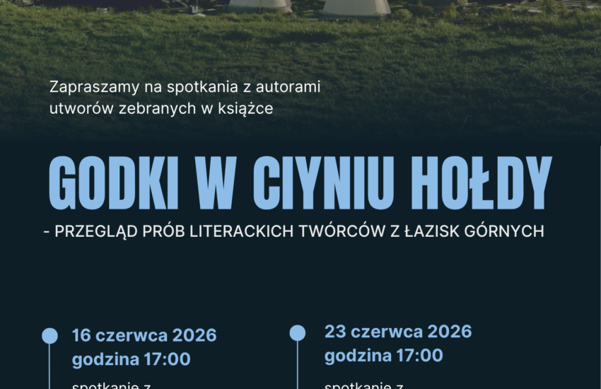 Plakat Godki w ciyniu hołdy. Na górze zdjęcie widoku z góry na kominy i budynki przemysłowe