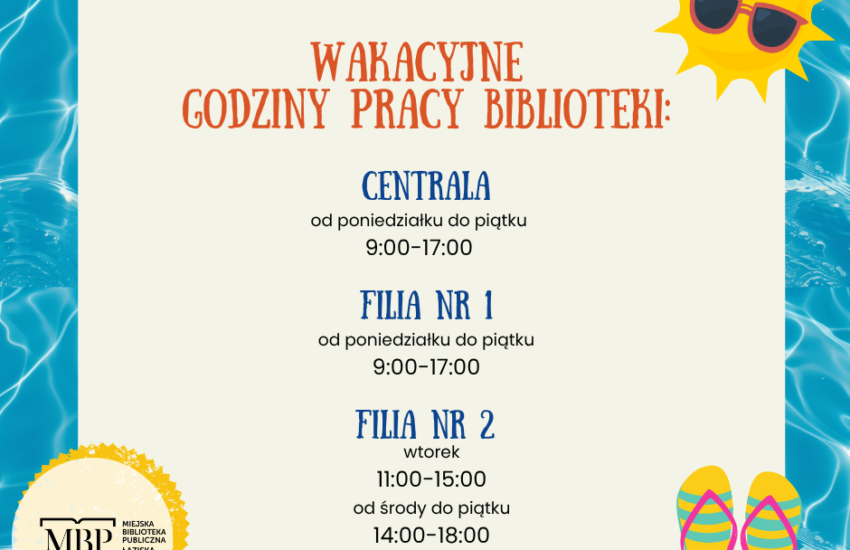 Grafika informacyjna przedstawiająca godziny pracy biblioteki. Tło obrazka imituje błękitną wodę w basenie. W prawym górnym i dolnym rogu znajdują rysunkowe elementy dekoracyjne (słońce w okularach przeciwsłonecznych i para żółto-niebieskich klapków plażowych). W lewym dolnym rogu logo biblioteki. W centralnej części, na jasnokremowym tle, znajduje się napis: „Wakacyjne godziny pracy biblioteki” i szczegółowy harmonogram.